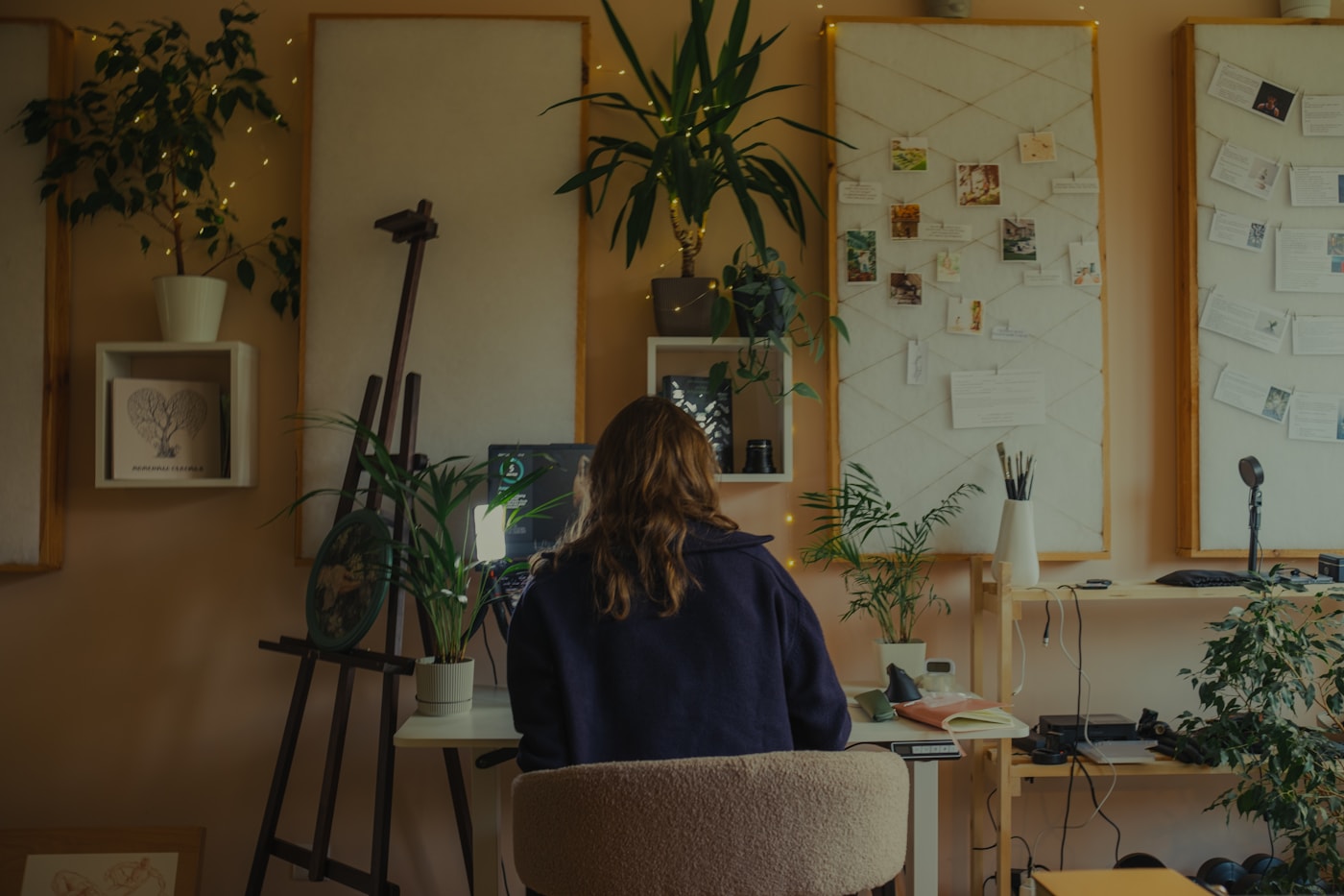 Espace de travail chaleureux rempli de plantes vertes, une personne concentrée à son bureau