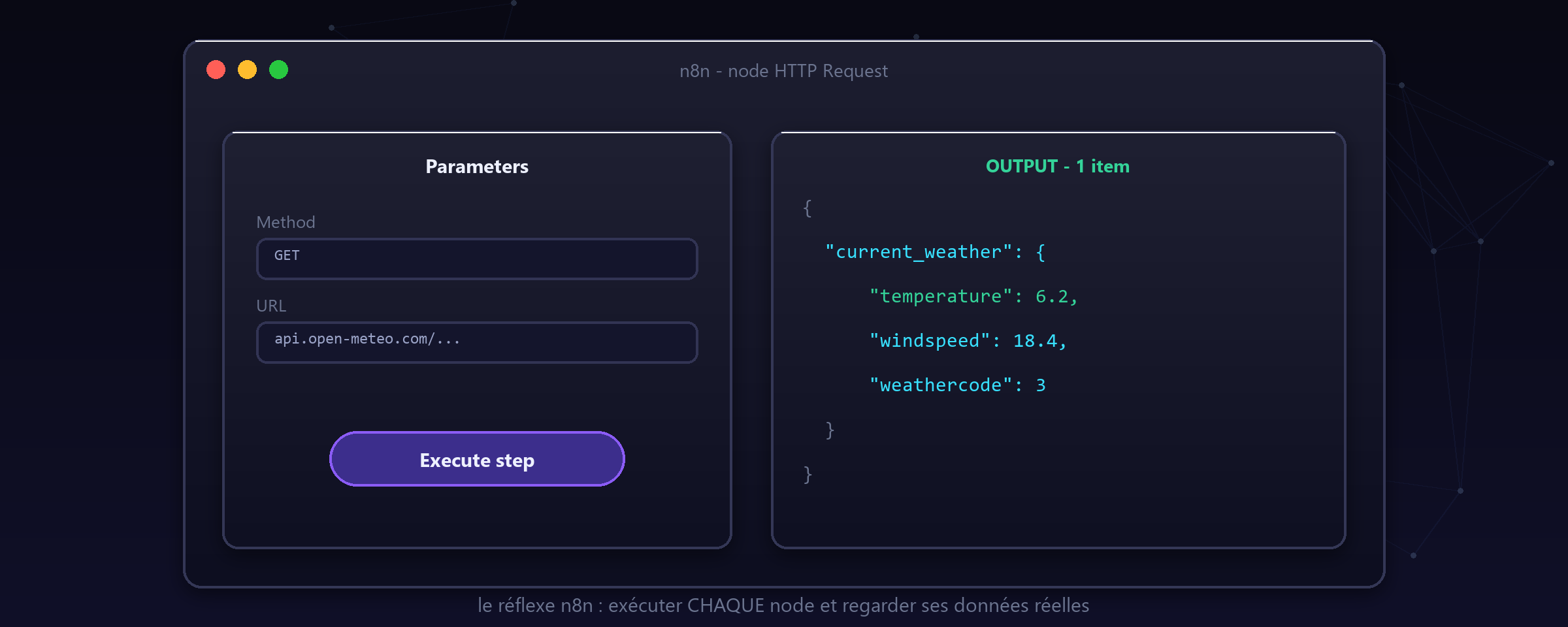 Execute step : le node interroge l'API et montre ses données réelles.