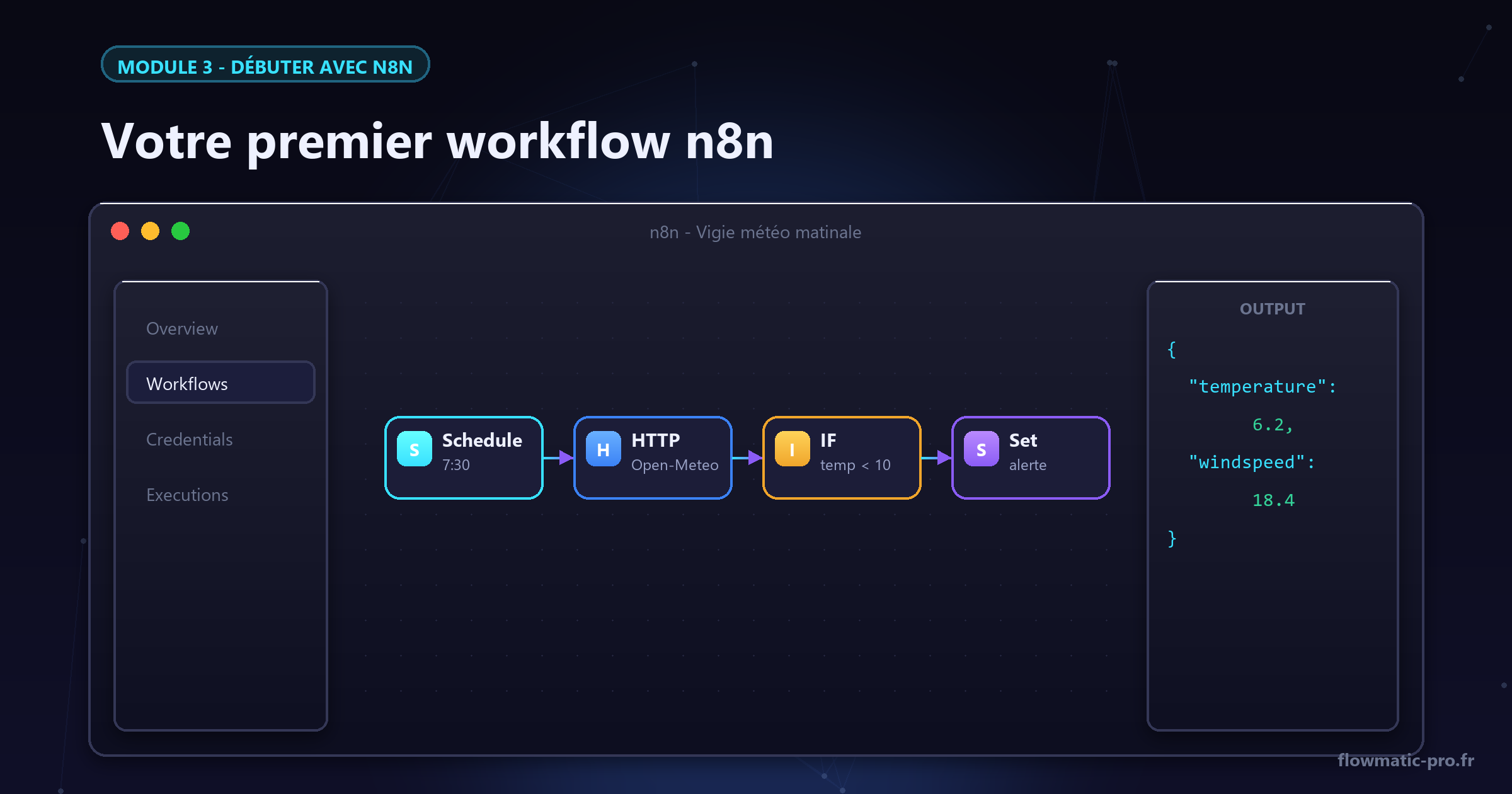 L'éditeur n8n au complet : menu, canvas, nodes et données.