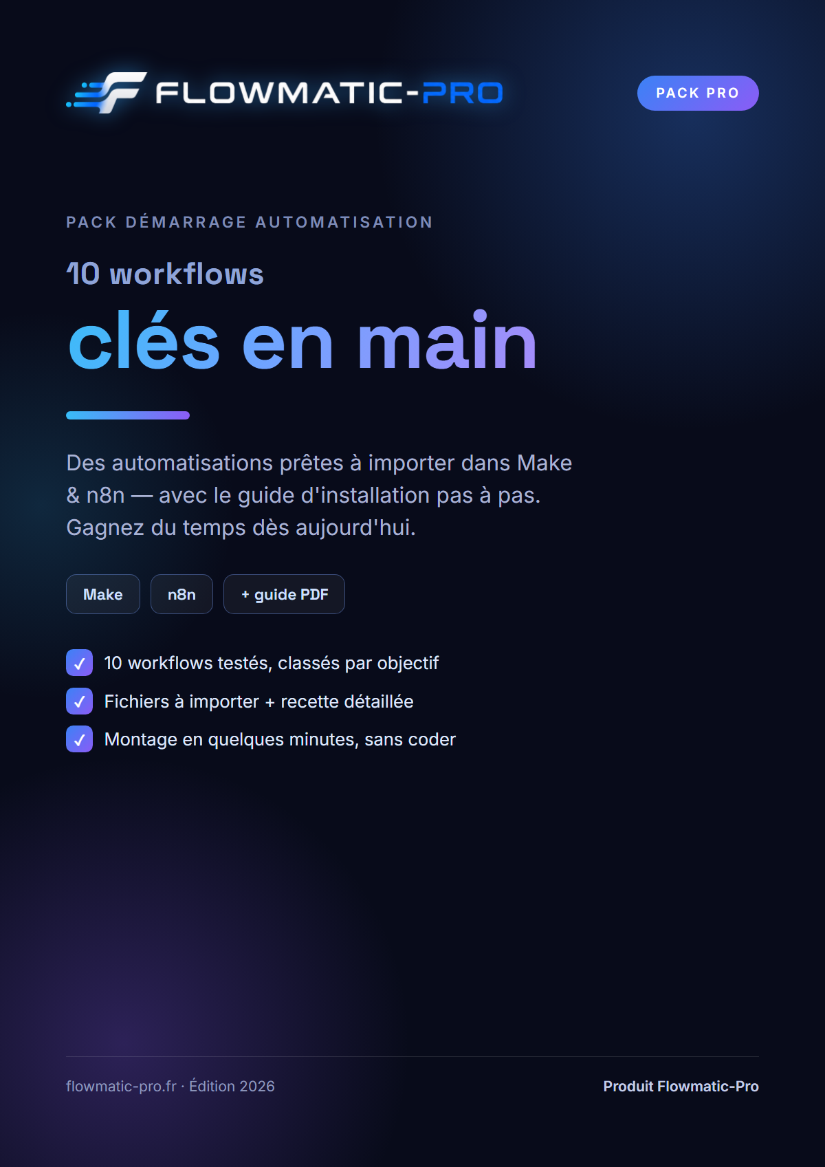 Pack Démarrage Automatisation — 10 workflows clés en main (Make & n8n)