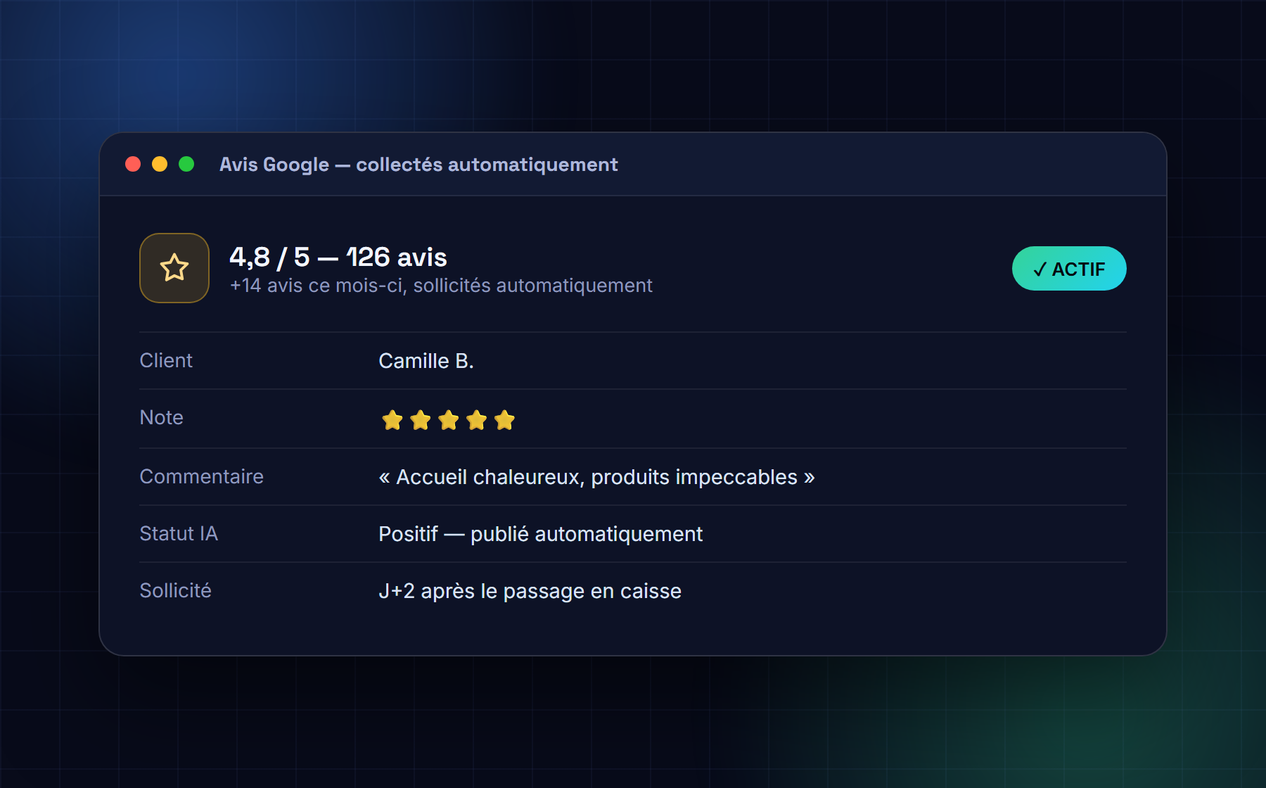 Tableau de bord des avis Google collectés automatiquement, avec note moyenne et statut de tri IA