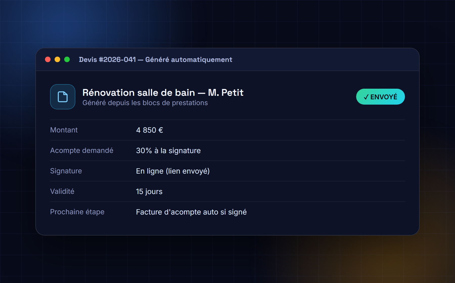 Devis généré automatiquement à partir de blocs de prestations pré-écrits