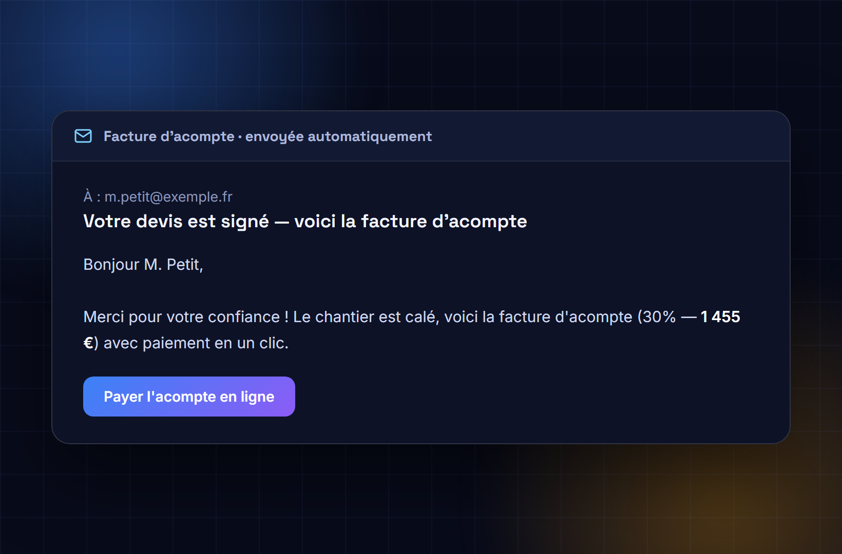 Facture d'acompte envoyée automatiquement dès la signature du devis, avec paiement en un clic