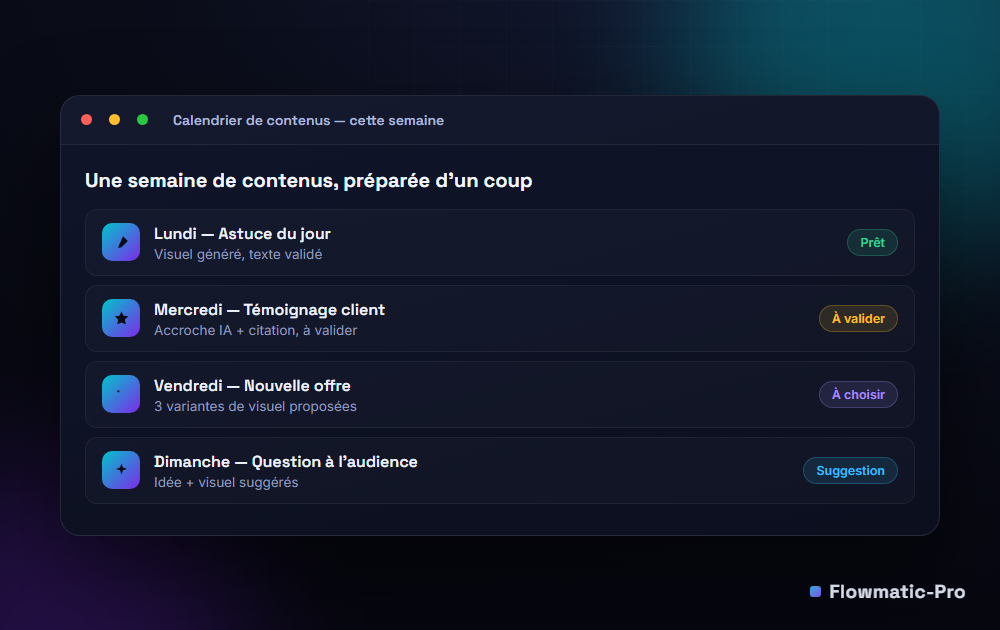 Calendrier de contenus de la semaine avec visuels générés : prêt, à valider, à choisir, suggestion